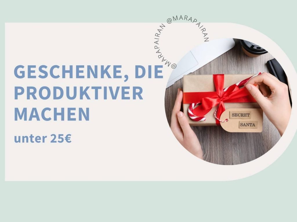 Titelbild mit Text "Geschenke, die produktiver machen" und ein kleines Bild von einem Geschenk mit roter Schleife